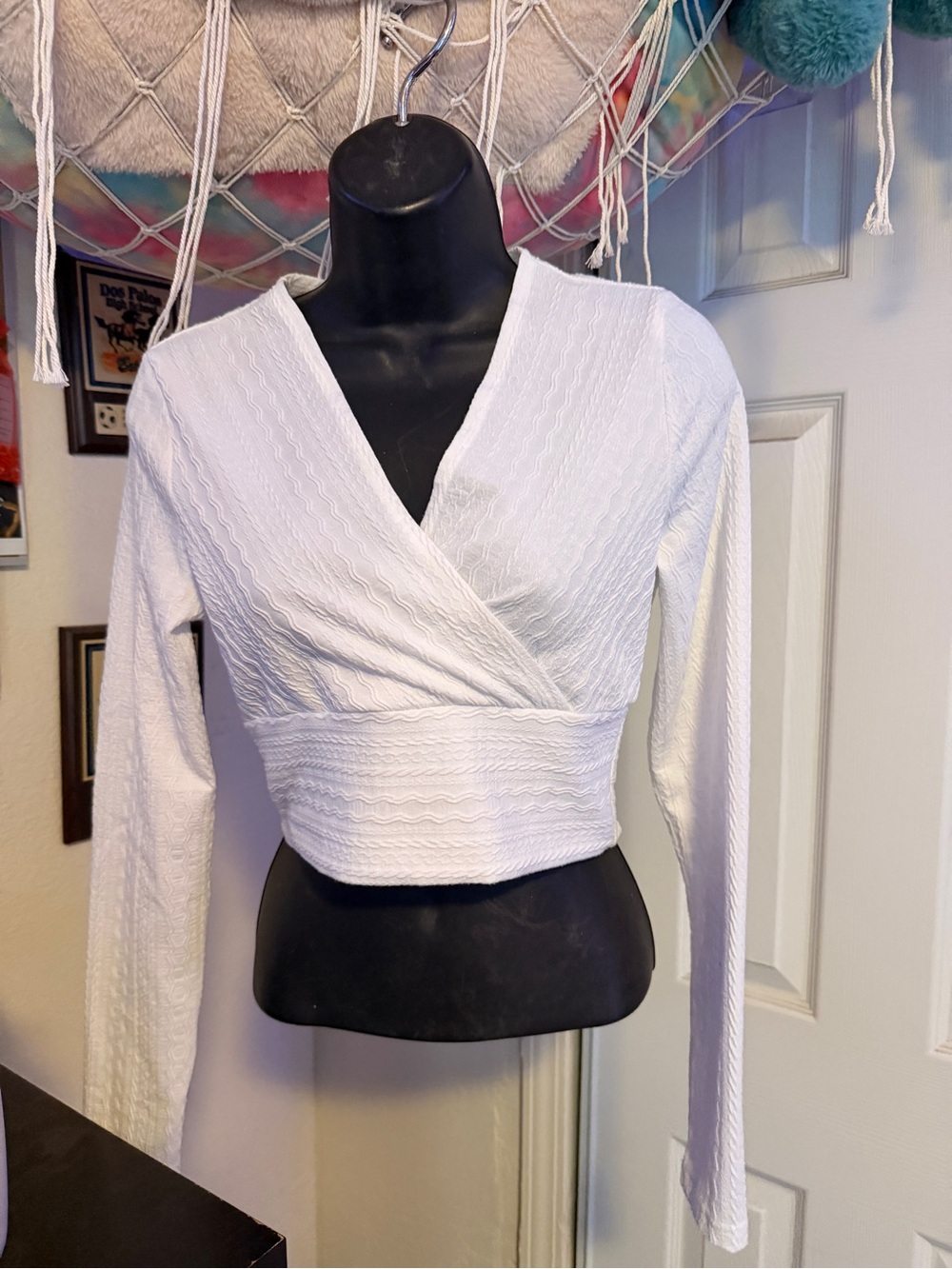 SHEIN White Textured Wrap Long-Sleeve Crop Top